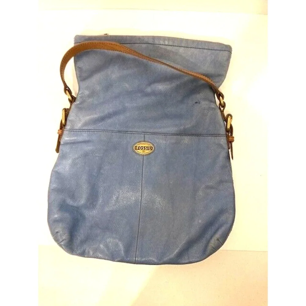 Vintage‎ Fossil Cowhide Leather Fold-Over Denim Blue Shoulder Bag Hobo